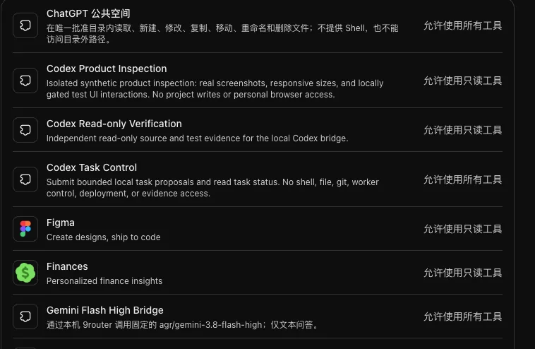 ChatGPT 插件设置列表：ChatGPT 公共空间、Codex 只读验证、Codex Task Control、Gemini Flash High Bridge